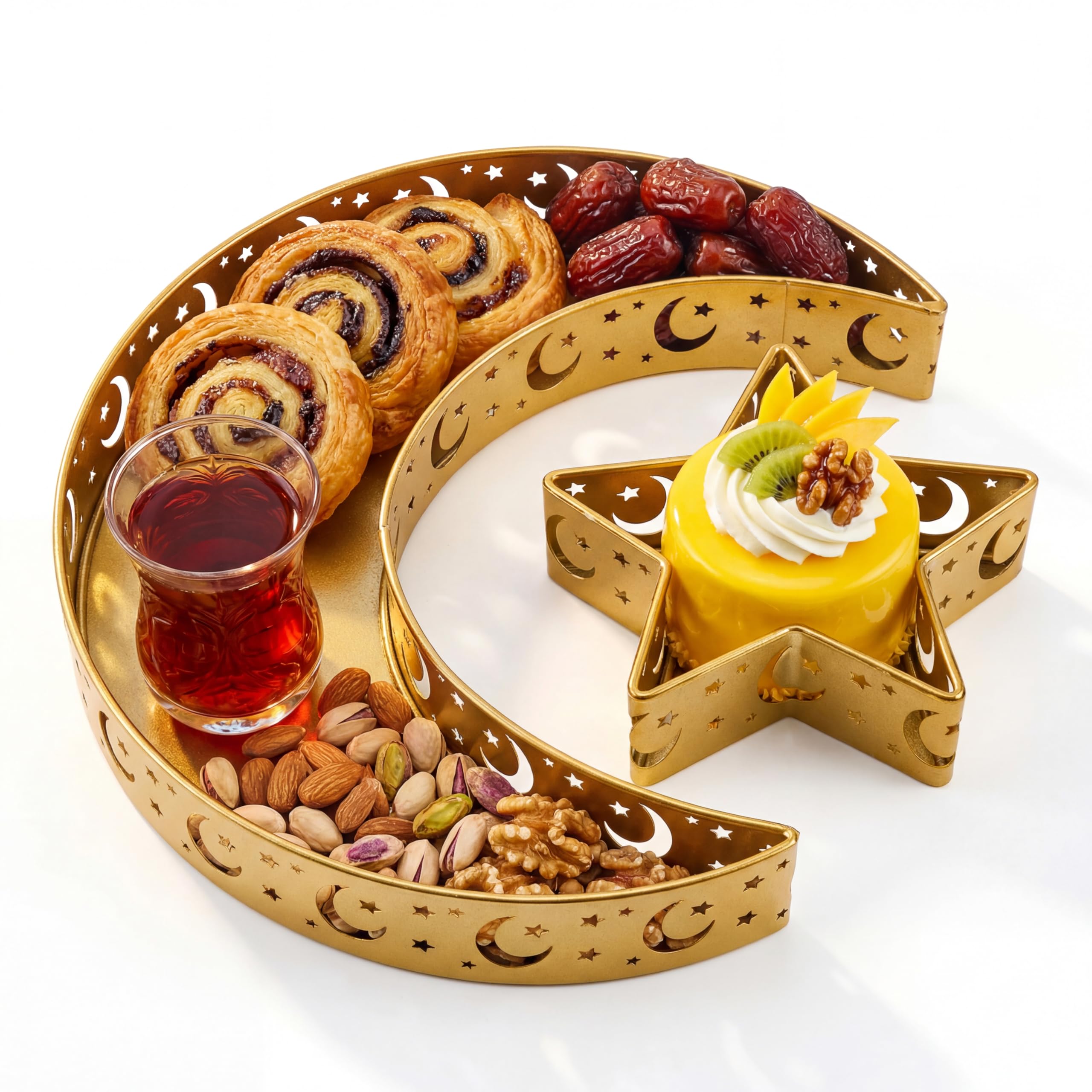 Photo 1 of 2 Pcs Eid Mubarak Moon Star Dinner Plate Tray Ramadan Serving Tray Muslim Islamic Dessert Trays Pastry Tableware Dessert Food Storage Container Display Holder for Party, Gold