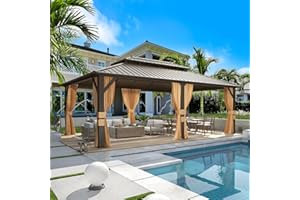 MELLCOM 12'x20' Hardtop Gazebo, Metal Double Roof Aluminum Gazebos with Curtain and Netting,Brown Permanent Galvanized Steel Pavilion for Patio, Lawn & Deck