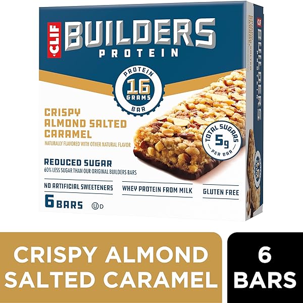 CLIF BUILDERS PROTEIN BARS – CRISPY ALMOND SALTED CARAMEL – REDUCED SUGAR – GLUTEN FREE – 16G PROTEIN – NO ARTIFICIAL SWEETENERS – 1.97 OZ. (6 PACK)