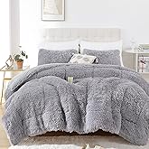 Smoofy Fluffy Queen Comforter Set, Faux Fur Comforter Set Queen Size, Luxury Fuzzy Bedding Set, Soft Shaggy Bed Set for All Season, 3 Pieces - 1 Comforter & 2 Pillowcases, Grey