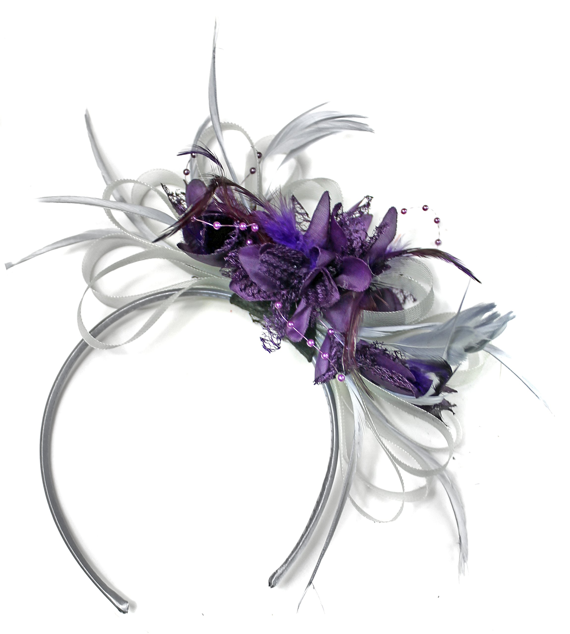 Caprilite Silver Grey and Dark Purple Net Hoop Feather Hair Fascinator Headband Wedding Royal Ascot Races