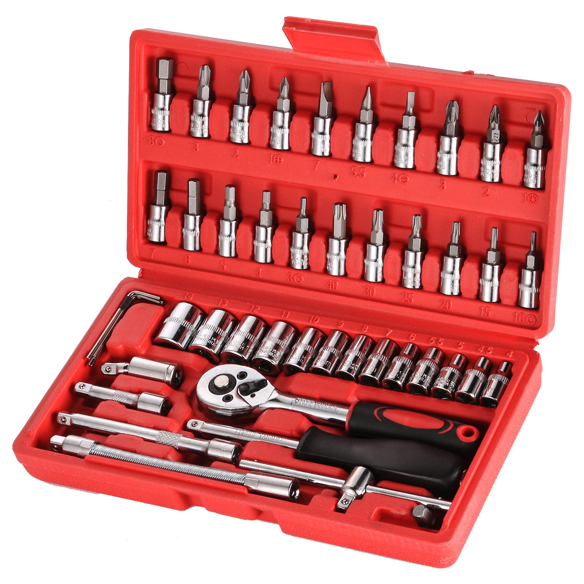 Wopeite Socket Set Kit 1/4 inch Drive Ratchet Set Chrome Vanadium Tools Set Cr-V Mechanic for Car, DIY and Repair 46 Piece Red
