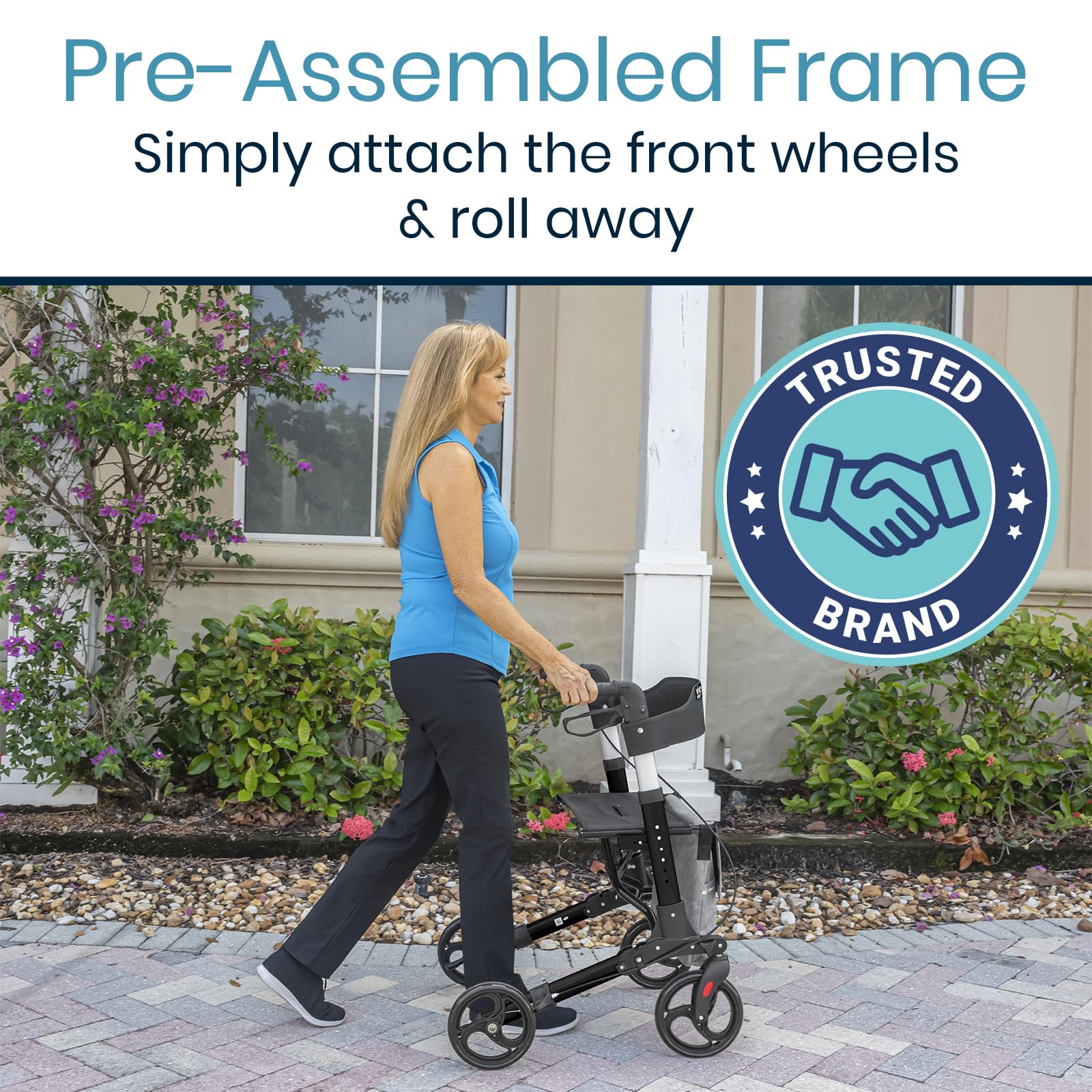 Vive Mobility Rollator Walker with Seat (Euro Style) - Heavy Duty, Medical, Large Wheels, Brakes - for Seniors, Adults - 4 Wheeled Rolling Lightweight Premium Folding Scooter Aid for Women (Black)