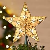 Christmas Star Tree Topper, 9.5 in Plug in Golden Glittered 3D Star Tree Topper, Metal Hollow Designed Built-in 10 Bulbs String Lights for Indoor Office Christmas New Year Holiday Tree Decoration
