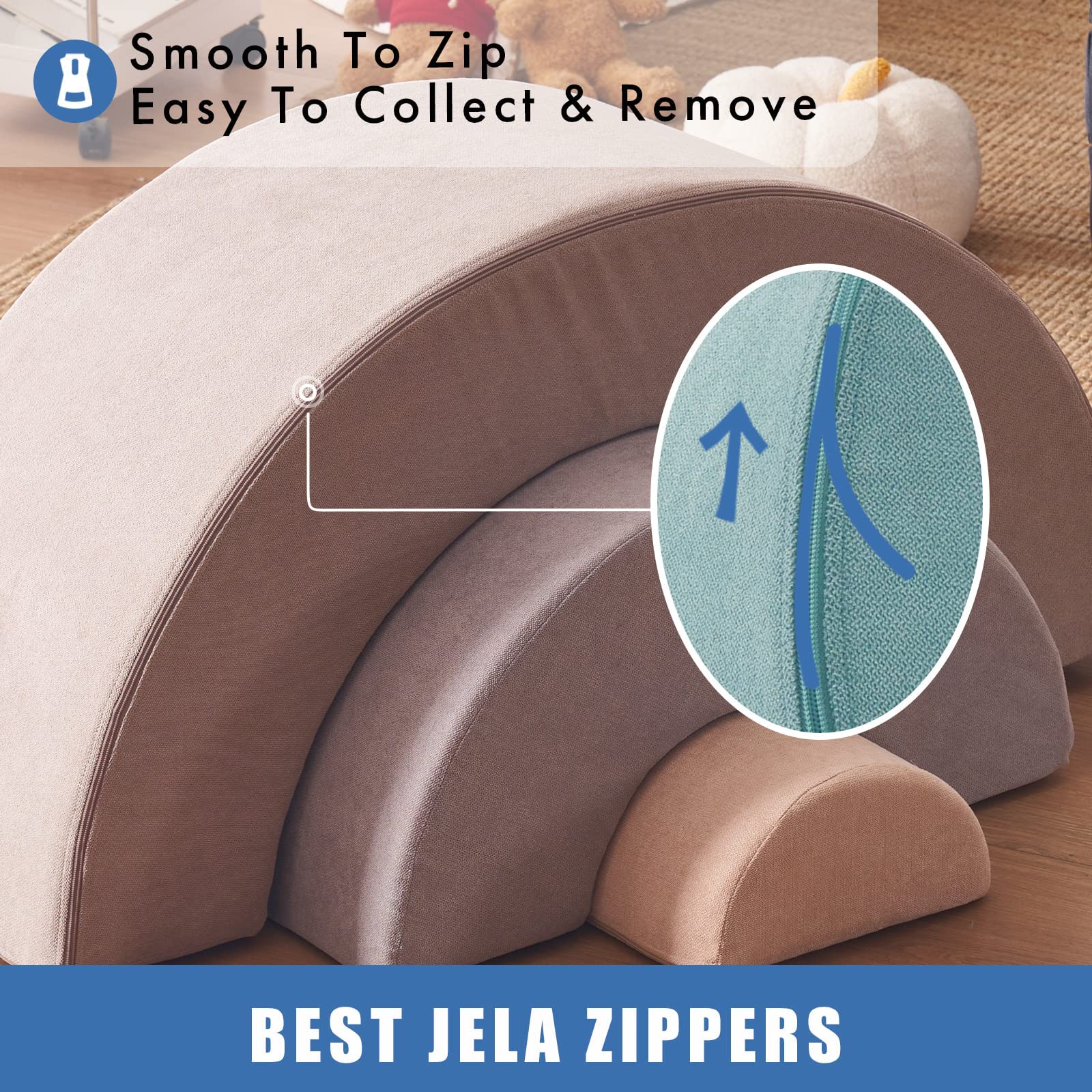 Jela Kids Couch, Soft Play Equipment Playset Rainbow, Foam Blocks for Toddlers 1-10, Climbing Blocks, Crawling Tunnel, Beige