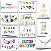 120 Happy Birthday Cards Bulk, Blank Inside with Envelopes and Stickers, 10 Unique Design Notes for Office, Business, Employees and Personal 4x6 Inch