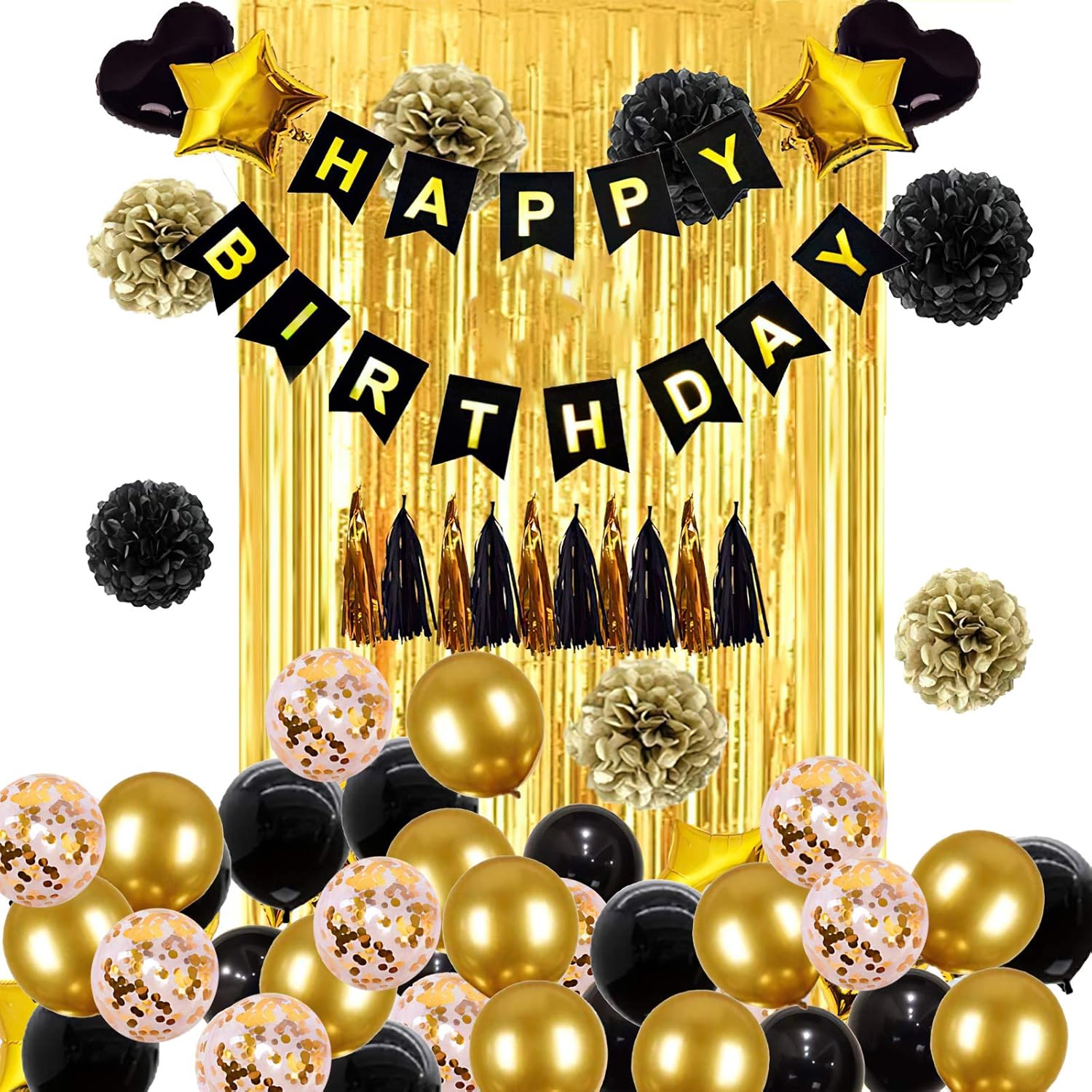 Black Gold Birthday Party Decoration Set-Black and Gold Party Decoration Including Happy Birthday Banner, Tassels, Balloons, Metallic Fringe Curtain, Flower Pompoms,Suit Perfect For Girls or Boys, Men or Women Birthday Party: Toys & Games