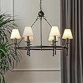 ALOADECOR 6 Lights W34in Vintage Matte Black Classic Lighting with White Pleated Fabric Chandeliers for Dining Room Mid Centu