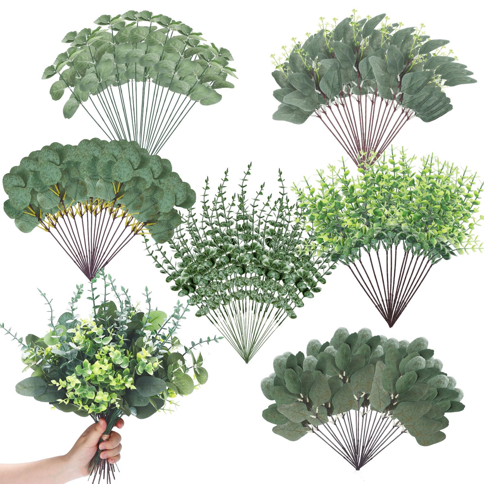Photo 1 of Ceenna 200 Pcs 6 Kinds Mixed Greenery Stem Artificial Faux Eucalyptus Leaves Silver Dollar Eucalyptus Picks and Sprays for Vase Dried Fake Greenery Filler Leaves Bundle for Wedding Floral Arrangement