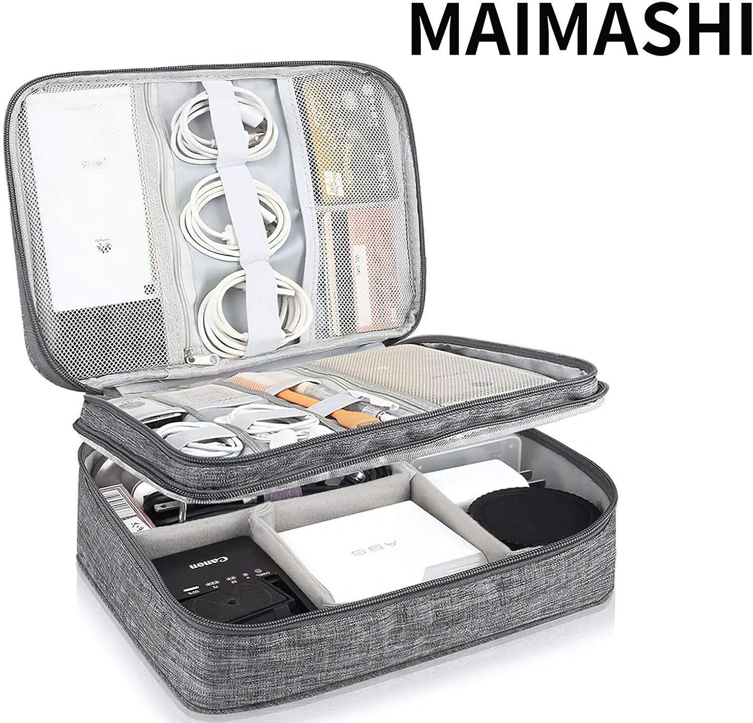 MAIMASHI Electronic Organizer,Travel Cable Accessories Bag Waterproof Double Layer Organizer Bag Portable Storage Pouch for Cable, Cord, Charger, Phone, Adapter, Ipad Mini,Power Bank (Gray)