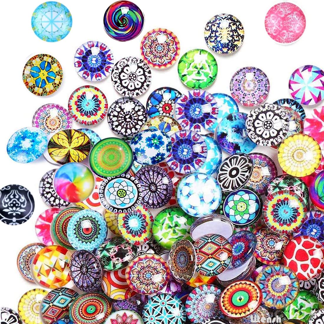 Litensh Decorative Glass Cabochons Granulates Pieces, Round Colorful Beads Decorative Flatback Button Half Round Vase Nuggets Printed Mosaic Tiles DIY Craft for Home Garden Wedding (12MM-100PCS)