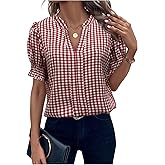 SweatyRocks Women's Puff Sleeve Blouse Gingham Print V Neck Dressy Casual Shirt Top