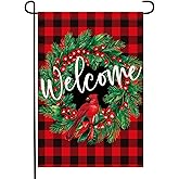Doncida Welcome Christmas Garden Flag 12x18 Inch Double Sided Burlap Red Cardinal Holly Berry Wreath Buffalo Plaid Xmas Winter Holiday Small Yard Flag for Outside Décor