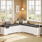 UPOSOJA Farmhouse L Shaped Breakfast Nook Bench, White-Brown | Shoe Storage Bench with Cushion, Slide Barn Doors, Adjustable Shelf and 1 Cabinet, For Entryway Dining Room Kitchen