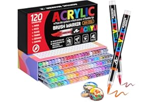 Tongfushop 120 Colors Acrylic Paint Markers, Water-Based Paint Pens with Auto Ink Control & Brush Tip - No Bleed on Rock Pain