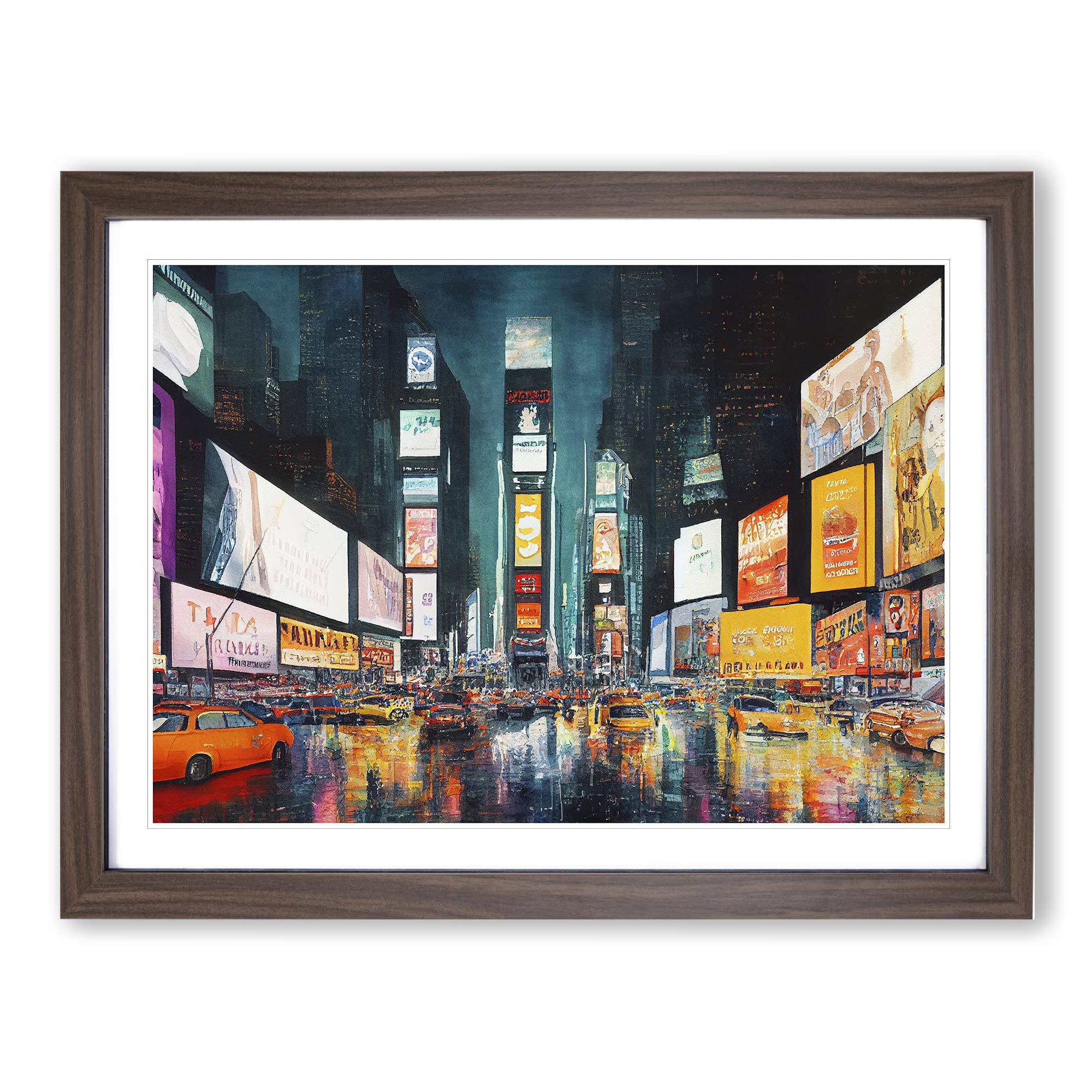 Times Square New York Watercolour Vol.7 Framed Print | A3 Walnut Framed Wall Art | Ready to Hang | Modern Historical Picture | Living Room Bedroom Lounge Office