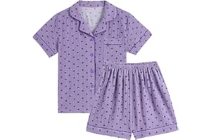 Vopmocld Big Girls Button Down Sleepwear Short Sleeve Long Pants 3PCS Pajama Sets Casual Lapel Loungewear Florals Nighty