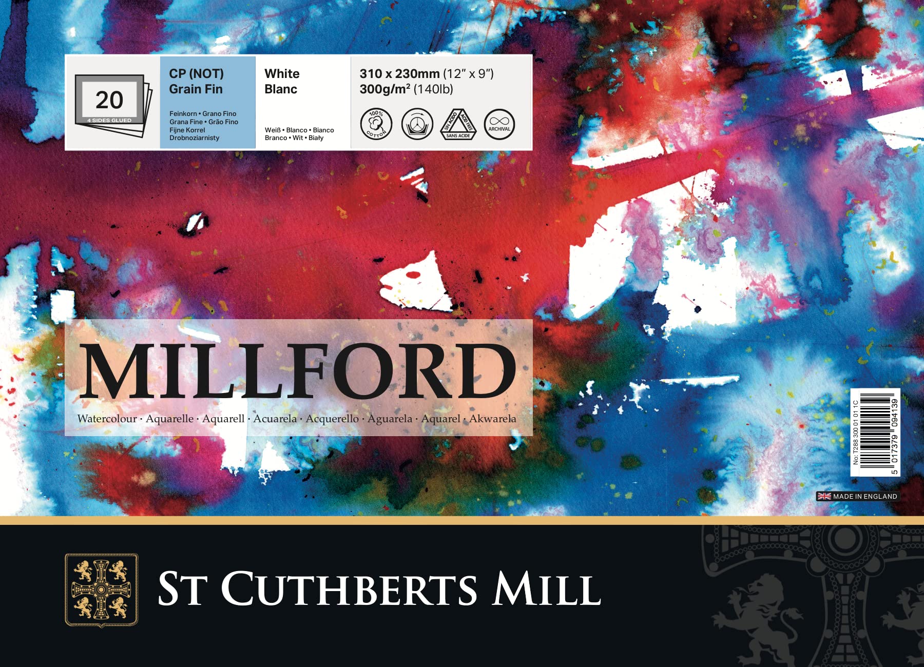 St Cuthberts Mill Millford Fine Grain Watercolour Paper Pad 20 Sheets 31 x 23 cm 300 GSM White