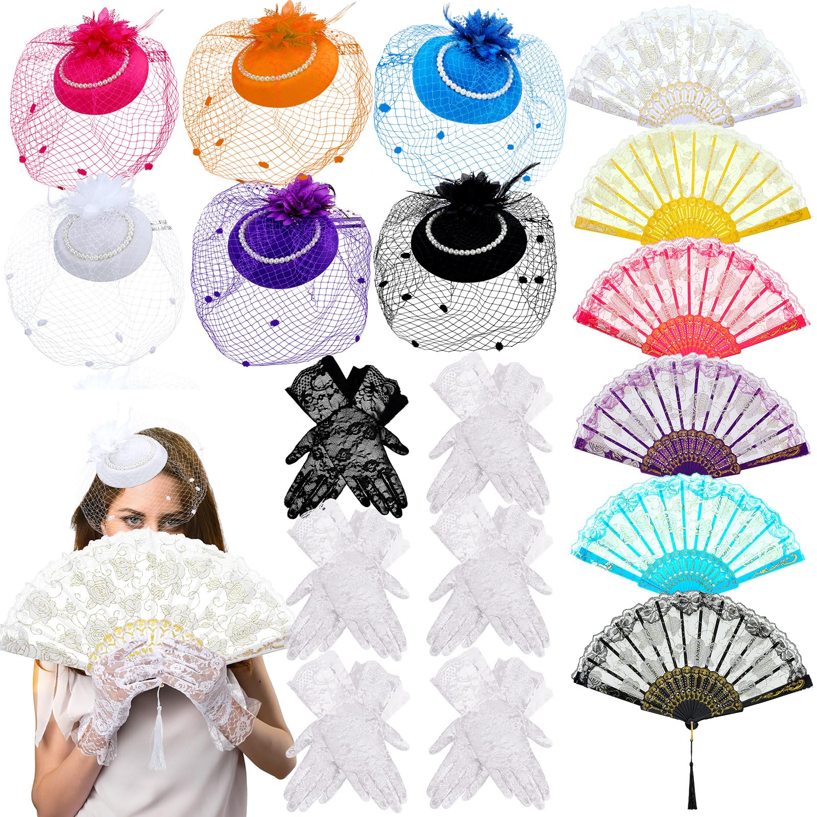 Photo 1 of 18 Pcs Tea Party Accessories for Women with Tea Party Hats Folding Fan Lace Gloves 2025 Derby Hats for Women Female Lets Partea Favors Costumes