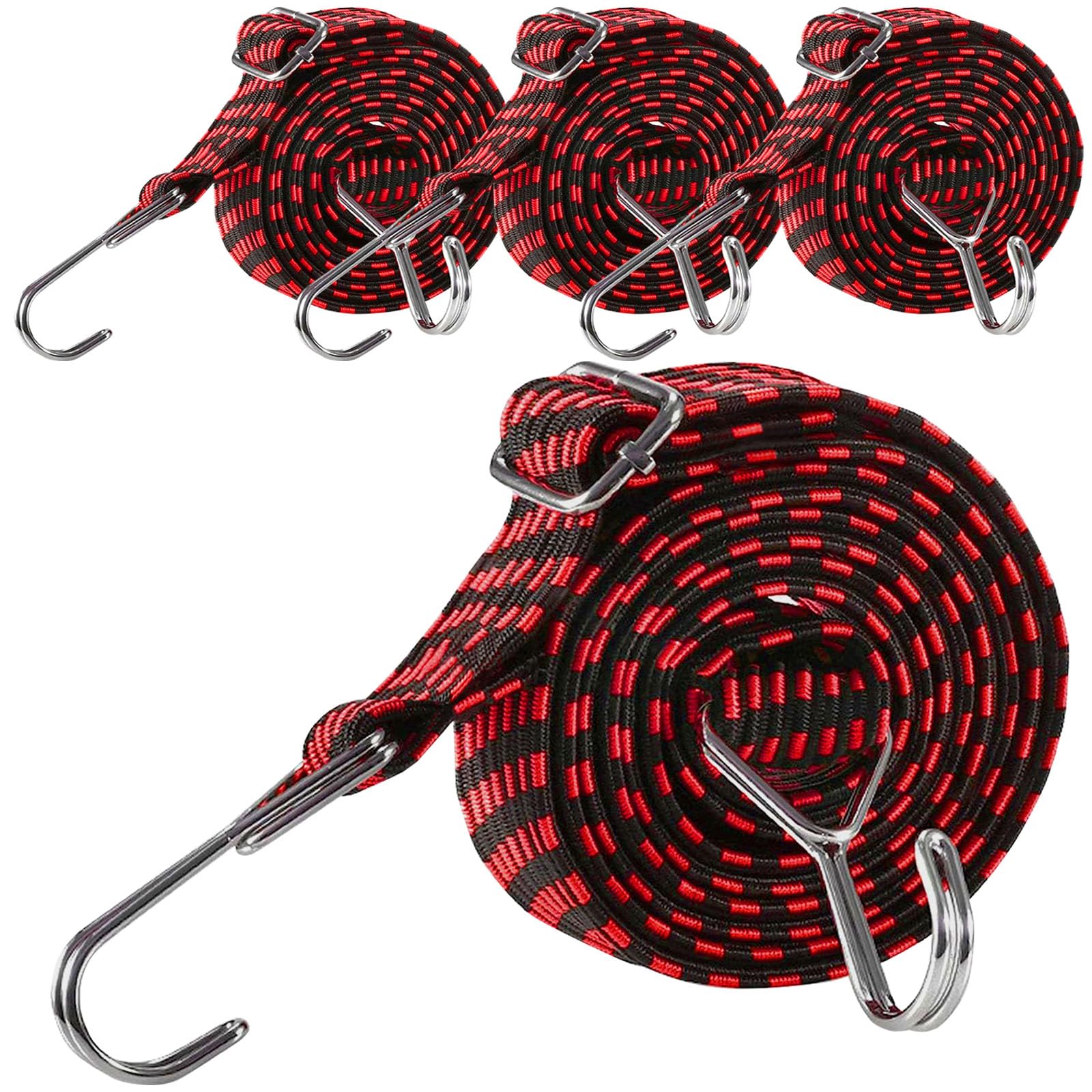 Bungee Cords with Hooks Adjustable - Elastic Heavy Duty Straps Rope Flat Bungee Straps for Bike Luggage Rack Camping Tent Car Roof Rack Fixings 4 Pack — image 1