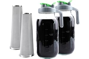 GMCOZY Cold Brew Coffee Maker 64 Oz Mason Jar Iced Tea Pitcher With Strainer 2 Set Half Gallon Glass Pitcher With Spout Lid 2 Quar Water Jug For Fridge Beverage, Sun Tea, Hot Cold Brew, Lemonade, Juice
