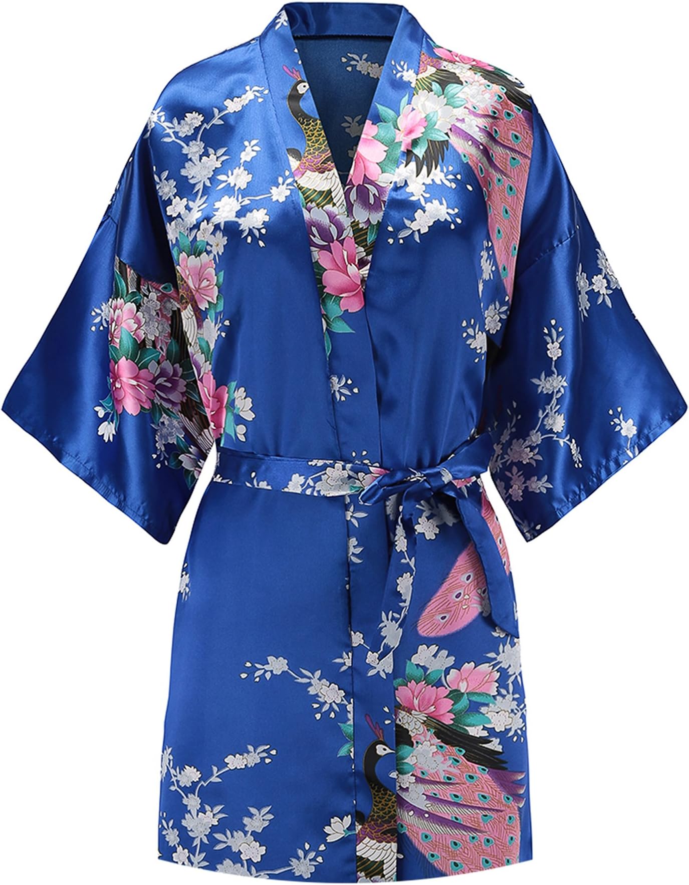 EPLAZA Women Peacock Satin Short Bridal Kimono Robe Bridesmaid Sleepwear Wedding Dressing Gown