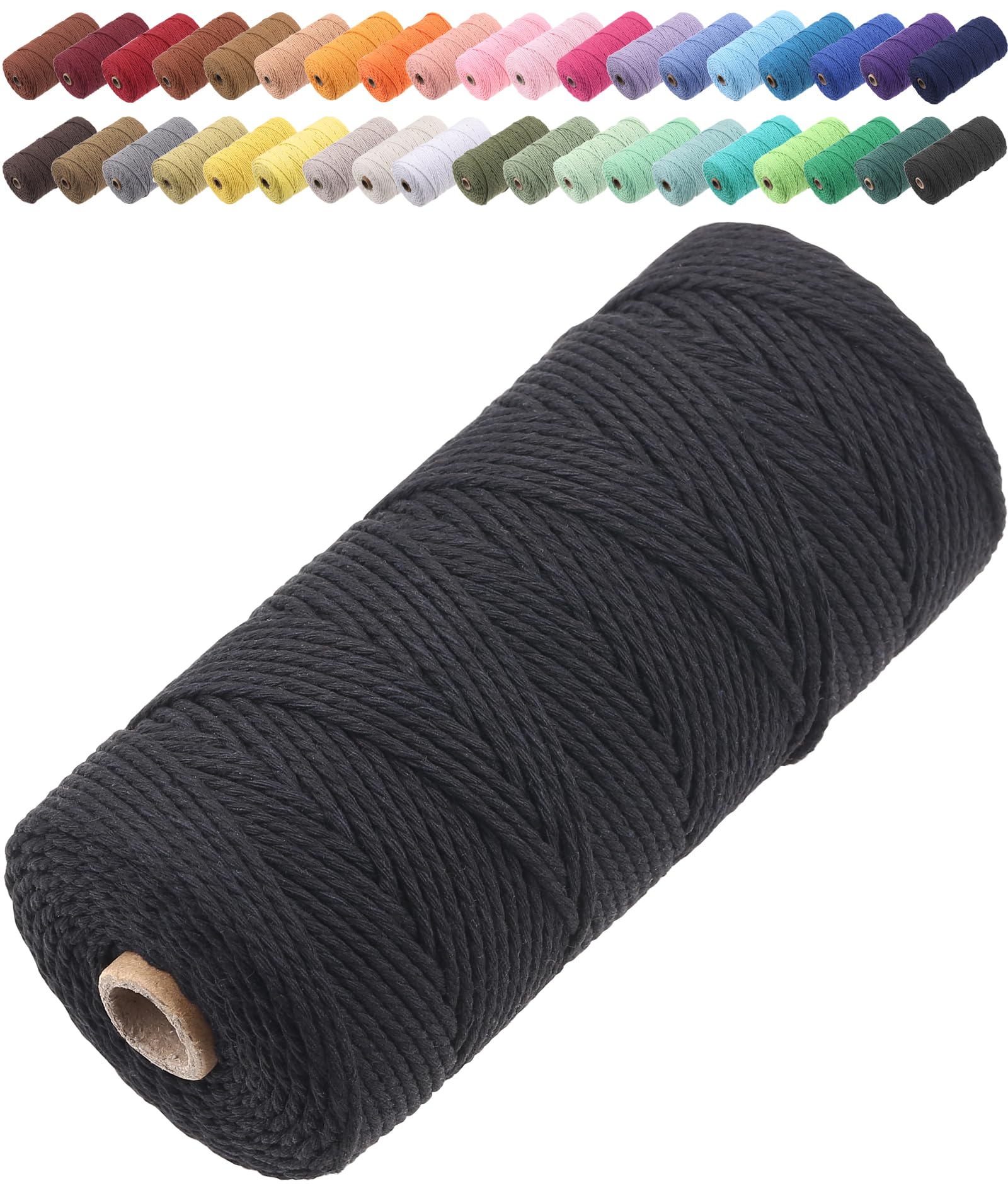 GOHOF Macrame Cord 2mm x 205m Premium Cotton Macrame Rope, 3 Strand Twisted Soft Cotton Cord, One of The Most Perfect Materials for Macrame Art, Cotton String Without Chemicals (Black)