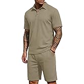 PrinStory Men's Summer Outfits Waffle Knit Polo Shirt and Shorts Set 2 Pieces Casual Tracksuit with Pockets