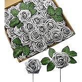 D-Seven Artificial Flower 50pcs Silver Gray Fake Roses with Stem for DIY Wedding Bouquets Floral Arrangements Bridal Shower Baby Shower Party Home Decor