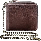 boshiho Real Leather RFID Blocking Bifold Wallets for Men Double Zipper Coin Pocket Purse with Anti-Theft Chain