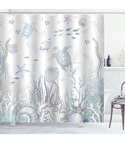 Coastal Eucalyptus Shower Curtain Set 72x72 - Blue Starfish & Shell Print, Waterproof Polyester With Hooks