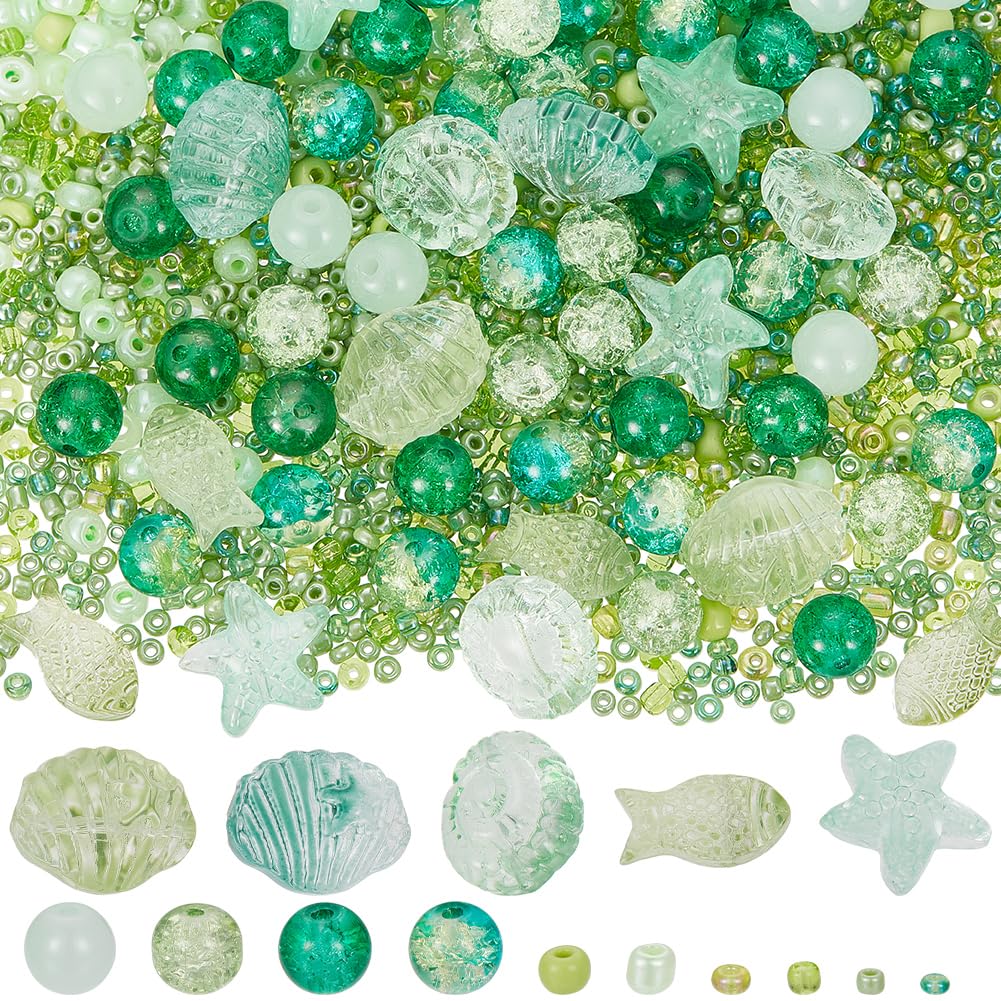 SUNNYCLUE 1 Box 3100+Pcs Ocean Theme Beads Kit Starfish Shell Bead Fish Glass Beads Green Glass Ocean Beads Sea Animals Beads Glass Loose Spacer Beads for jewellery Making DIY Beading Crafts Supplies