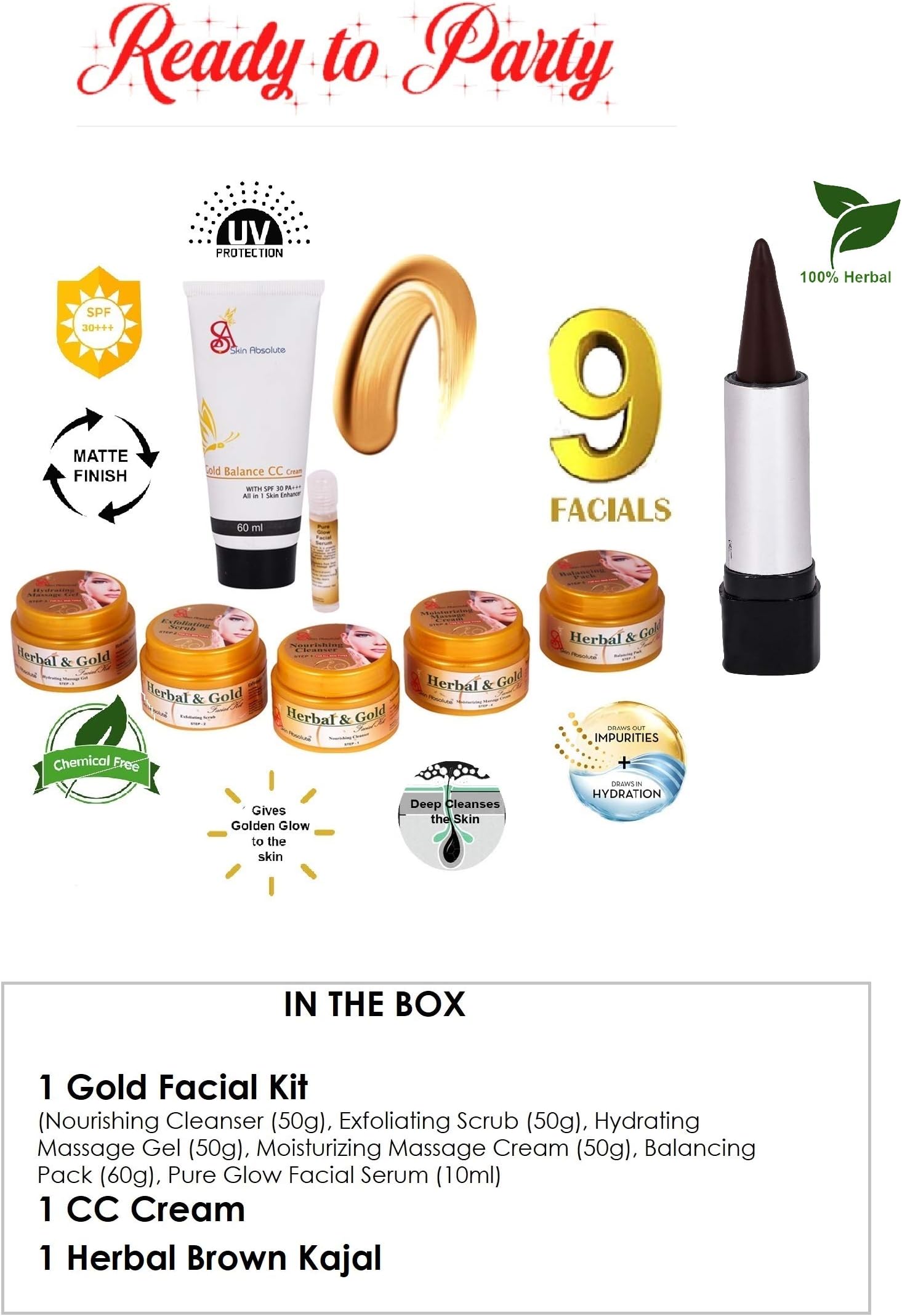 SKIN ABSOLUTE Ready to Party Combo of Herbal & Gold Facial Kit, Herbal Kajal, CC Cream