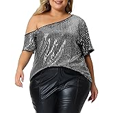 Agnes Orinda Plus Size Tops for Women One Shoulder Short Sleeve Metallic Blouses Party Sequin Tops