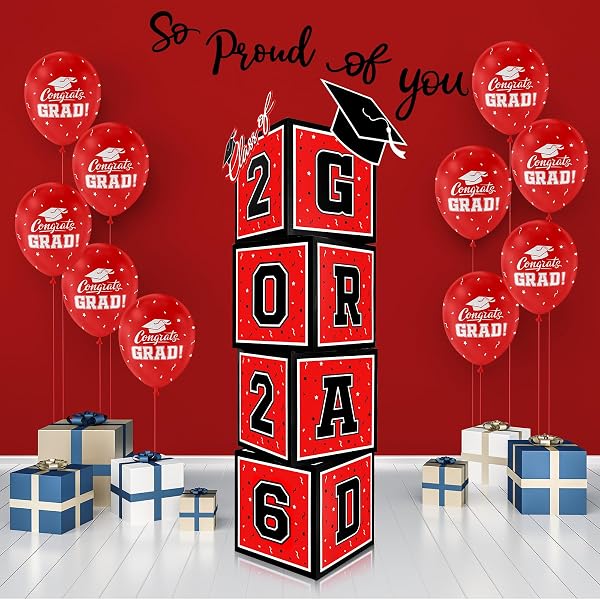 2026 GRADUATION DECORATIONS SET – SO PROUD OF YOU – CLASS OF 2026 BALLOON BOXES FOR MEMORABLE GRAD PARTY SUPPLIES, INDOOR/OUTDOOR CONGRATS GRAD HOME DOOR DÉCOR ESSENTIALS（RED AND BLACK）