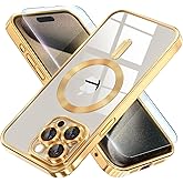 Misea Magnetic for iPhone 15 Pro Max Case with MagSafe [Never Yellowing] [Military Grade Drop Protection] Full Camera Lens Protector Plating Soft Clear Phone Case for Women Girls, Gold