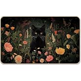 LADOCK Dark Moody Floral Black Cat Faux Linen Door Mat, Wildflower Black Cat Doormat Outdoor Indoor Entrance Porch, Dark Cottagecore Kitty Kitten Welcome Mats for Front Door, 17x30 Inch