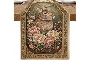 Vintage Rabbit Floral Table Runner, Rustic Garden Style Decor for Spring Home Dining and Easter Celebrations 13x72 Inch