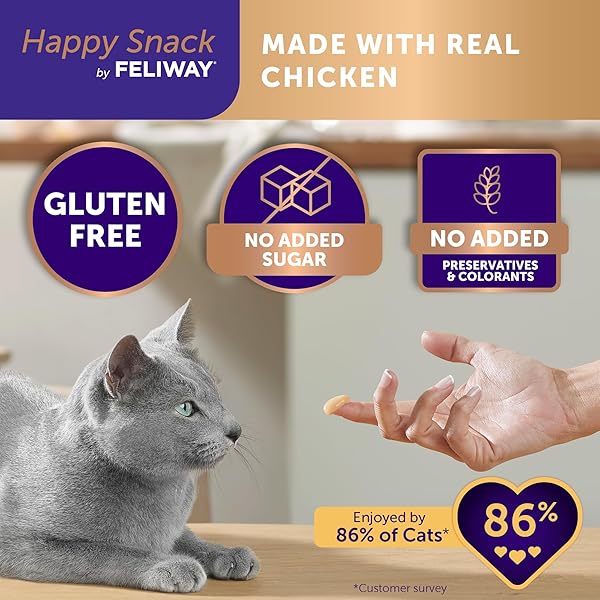 HAPPY SNACK BY FELIWAY®, DELICIOUS, LICKABLE, SQUEEZABLE PURÉE CAT TREATS FOR A DAILY CALMING ROUTINE, MADE WITH REAL CHICKEN, 12 PACK (0.5OZ TUBES)