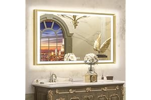 TETOTE 48x30 LED Bathroom Mirror with Lights Gold Metal Framed Front & Back Light Vanity Mirror Baroque Antifog Stepless Dimmable White/Warm/Natural,CRI90+,Waterproof,Wall Mounted(Horizontal/Vertical)