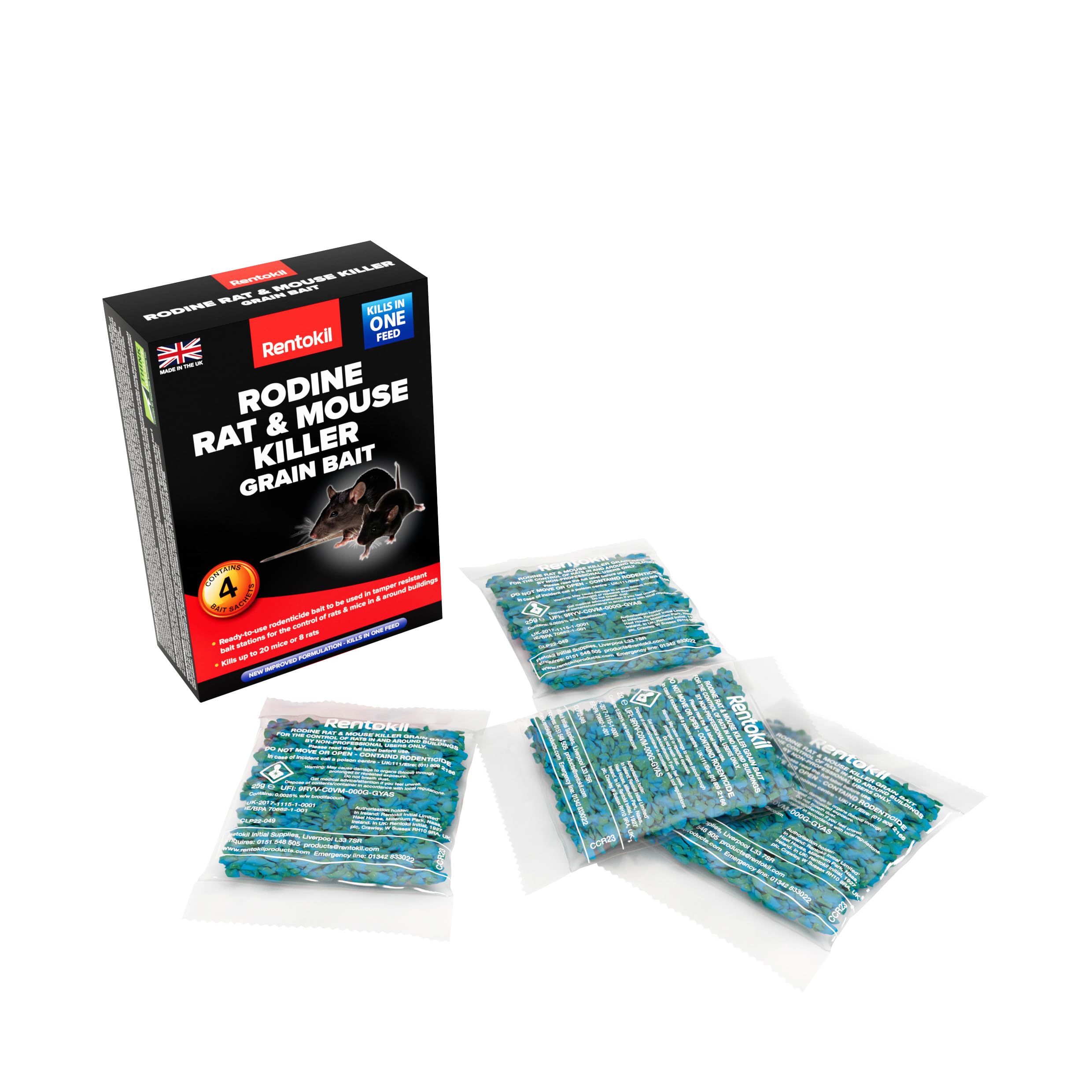 RENTOKIL Rodine Rat & Mouse Killer Grain Bait (4 Pack) - Rodent Poison, Ready to Use Rodenticide for Mice and Rats, Chew Through Sachet, Kills in One Feed, Use in Tamper Resistant Bait Boxes