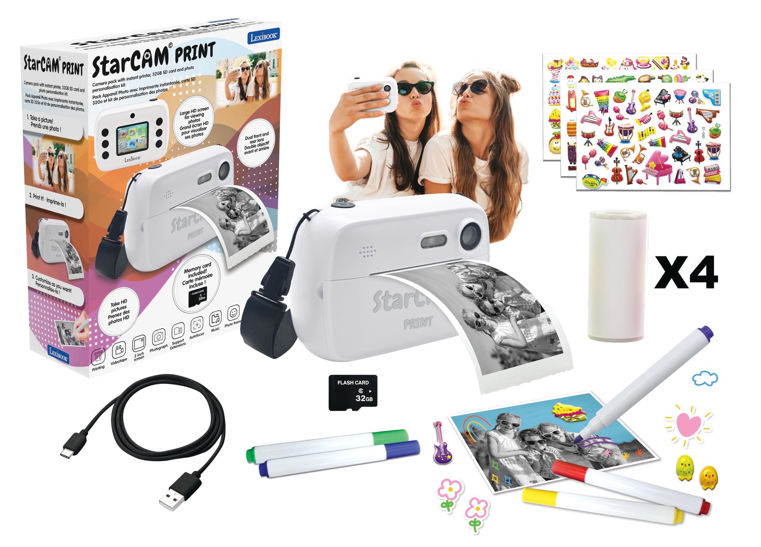 Lexibook, StarCAM Print, Camera pack with instant printer, Photo and video function, 32GB SD card and photo personalization kit included, White, DJ150