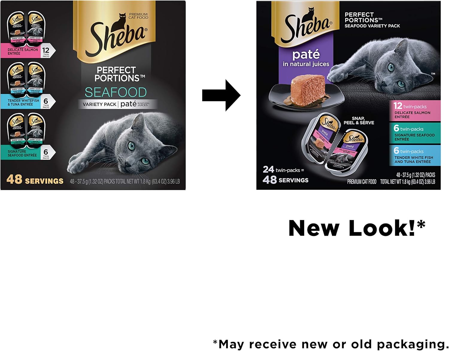 SHEBA PERFECT PORTIONS Soft Wet Cat Food Paté in Natural Juices Signature Seafood Entrée, Delicate Salmon Entrée, & Tender Whitefish & Tuna Entrée Variety Pack 2.6 Oz. (24 Twin Packs) : Pet Supplies