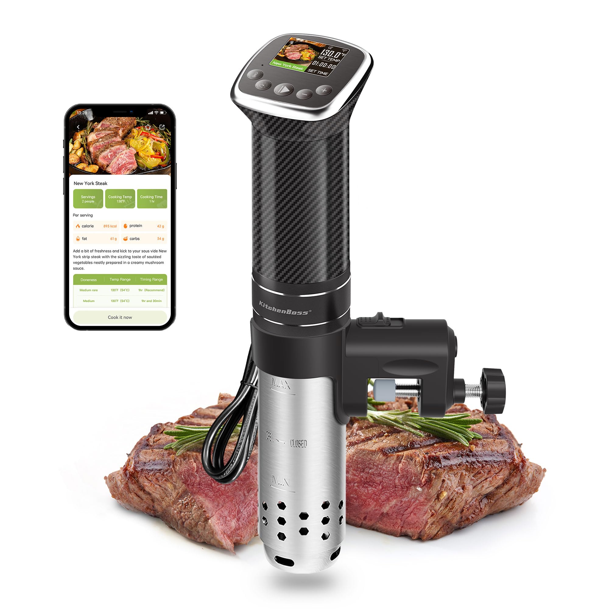 KitchenBoss Wifi Sous Vide Cooker: Sous Vide Machine Ultra-quiet 1100W Precision Cooking Machine Built-in TFT Recipes, IPX7 Waterproof Immersion Circulator Precise Temperature Control, Carbon Black