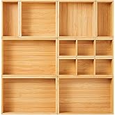 Fabsome Drawer Organizer, Set of 9 Bamboo Wood Kitchen Makeup Desk Junk Tea Drawer Storage Boxes Bins for Cutlery Silverware Utensils Flatware, Small Wooden Container Tray for Bathroom, Office