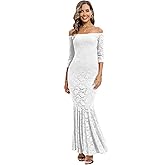 Capuffy Womens Off Shoulder Floral Lace Mermaid Maxi Dress Long Sleeves Lace Bodycon Dress Beach Wedding Guest Dress 226