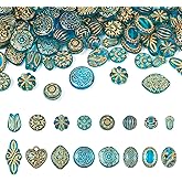 Beadthoven 96pcs Vintage Bohemian Acrylic Beads 16 Style Gold Plating Blue Turquoise Acrylic Spacers Transparent Imitation Czech Beads for Jewelry Making Bracelet Earring Keychain Phone Lanyard