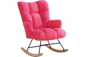 Zedachica Rocking Chair Nursery Teddy Upholstered Glider Rocker Rocking Accent Chair Padded Seat with High Backrest Armchair Comfy Side Chair for Living Room Bedroom Offices (Hot Pink Teddy)