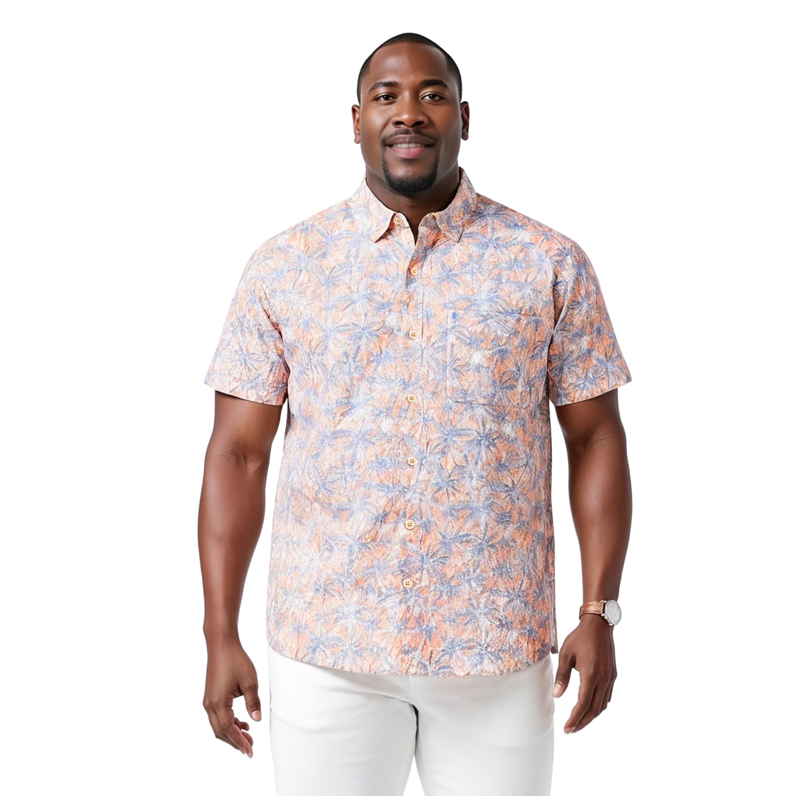 Izod Men’s Big and Tall Saltwater Dockside Short Sleeve Button Down Shirt, Peach Cobbler Palm, X-Large Tall