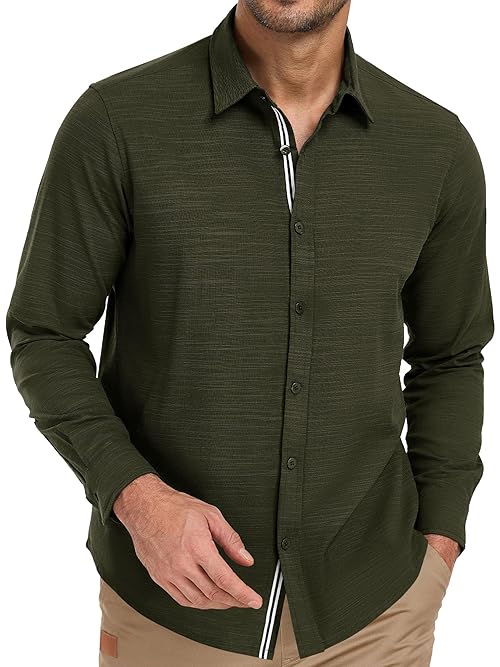TUREFACE Mens Dress Shirt Long Sleeve Button Down Slim Fit Tops Casual Open Front Formal Shirts Versatile Clothes Army Green L
